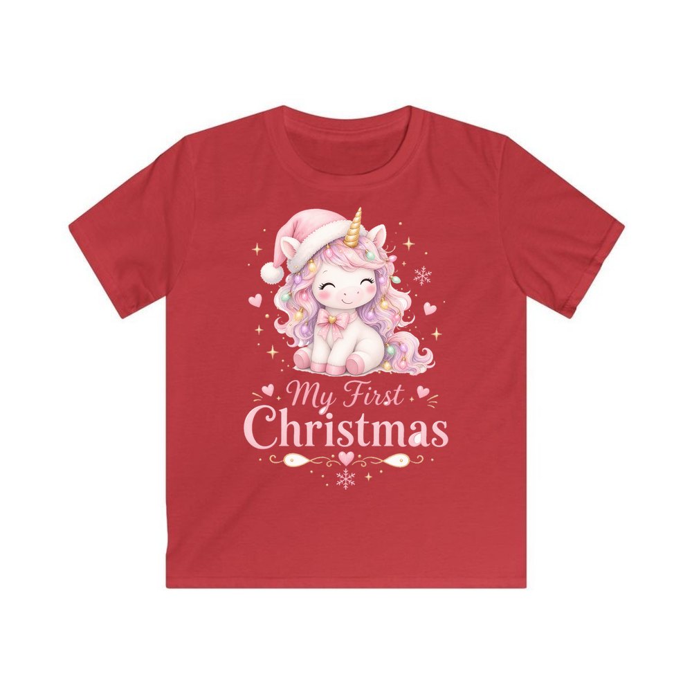 Pink Unicorn First Christmas personalised kids Christmas tee in red