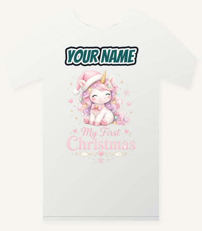 Pink Unicorn First Christmas Personalised Christmas T-Shirt and Hoodie