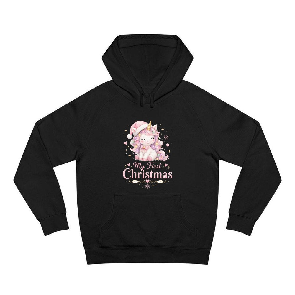 Pink Unicorn First Christmas personalised Christmas hoodie in black