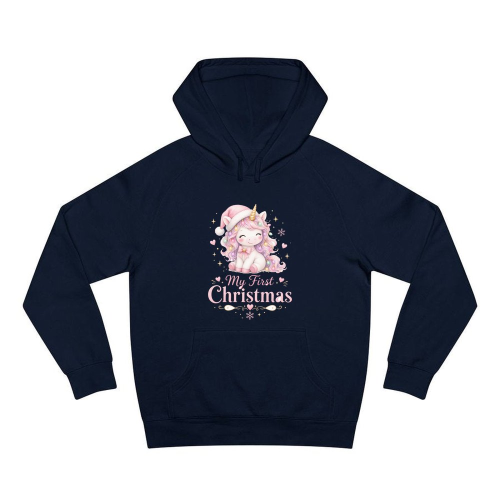 Pink Unicorn First Christmas personalised Christmas hoodie in navy