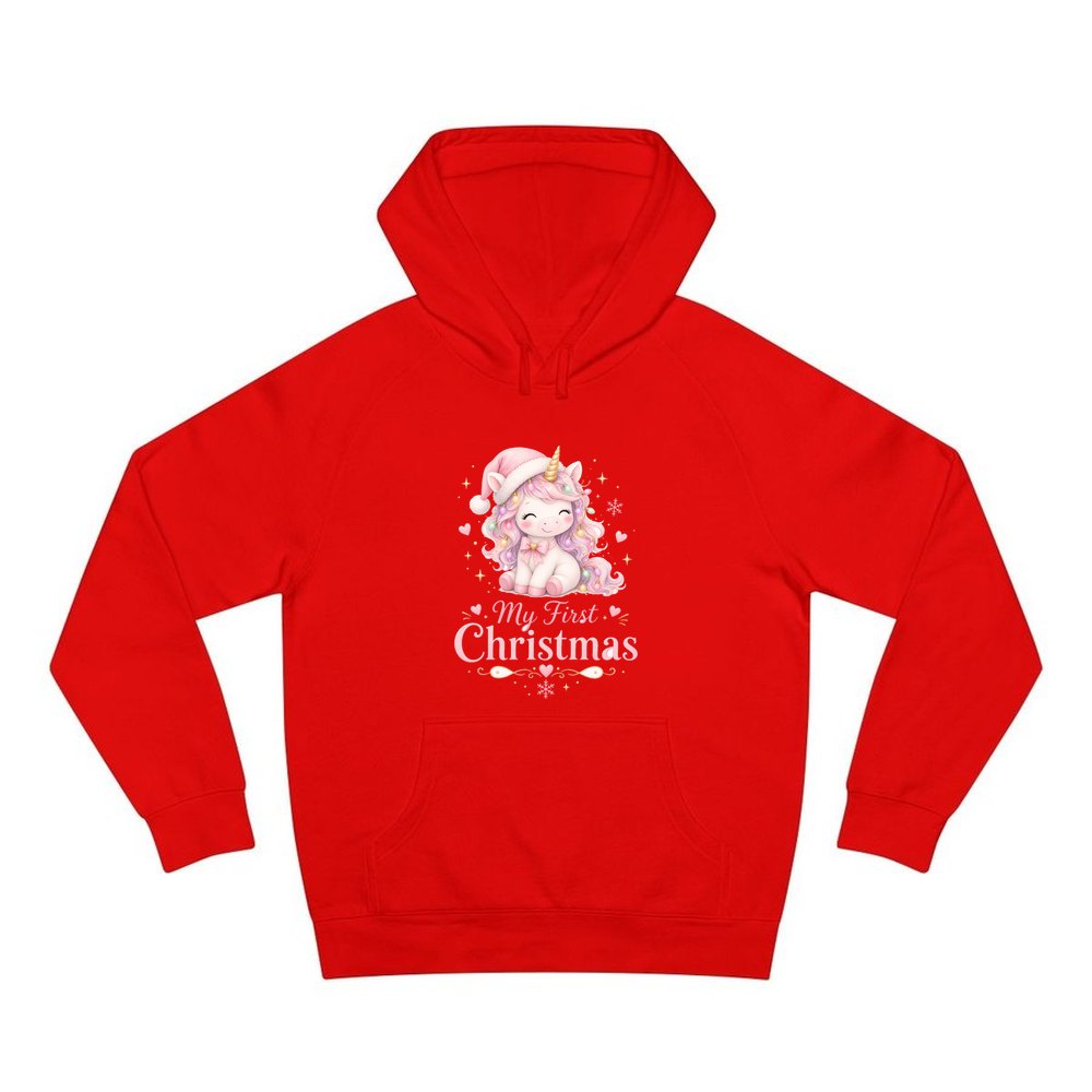 Pink Unicorn First Christmas personalised Christmas hoodie in red