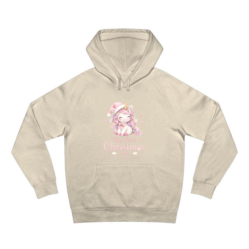 Pink Unicorn First Christmas personalised Christmas hoodie in sand