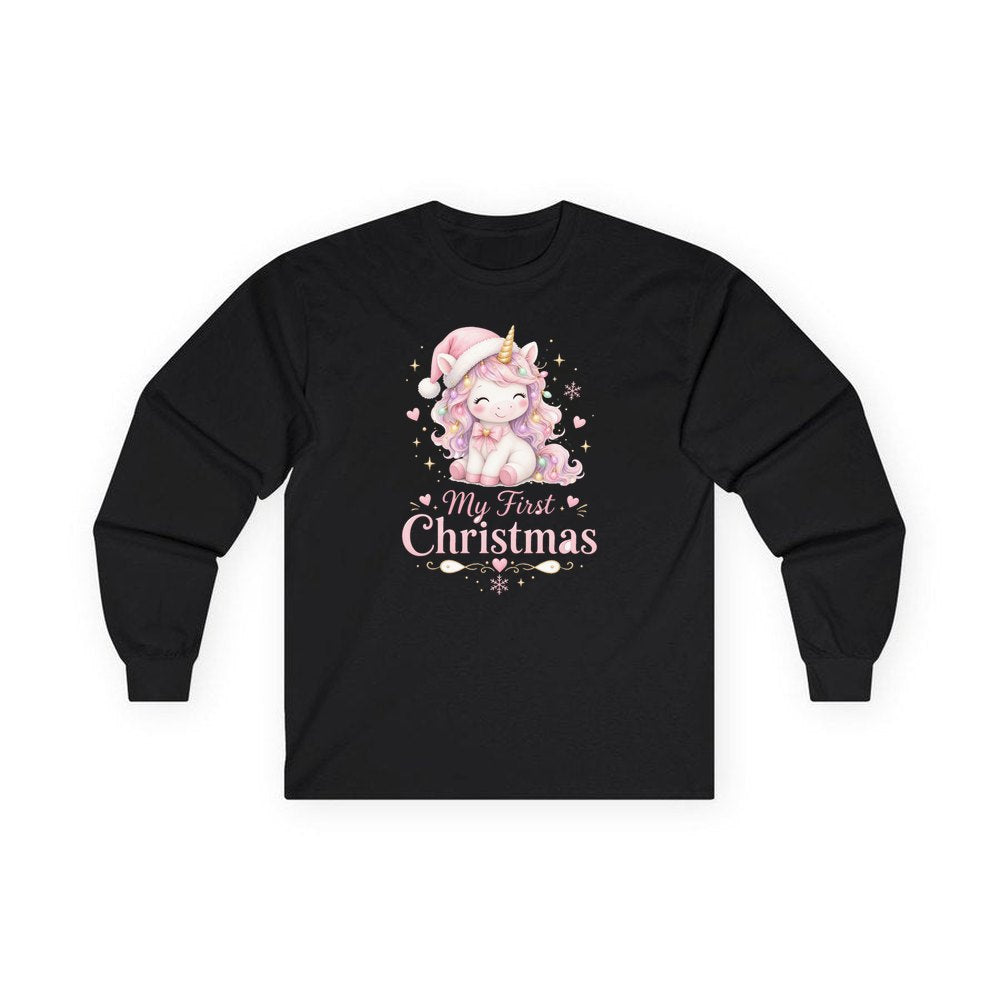 Pink Unicorn First Christmas personalised long sleeve Christmas T-shirt in black