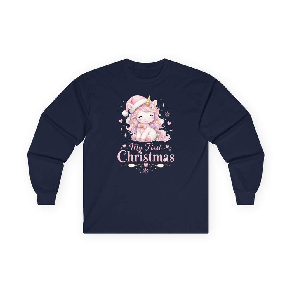 Pink Unicorn First Christmas personalised long sleeve Christmas T-shirt in navy