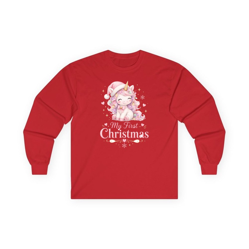 Pink Unicorn First Christmas personalised long sleeve Christmas T-shirt in red