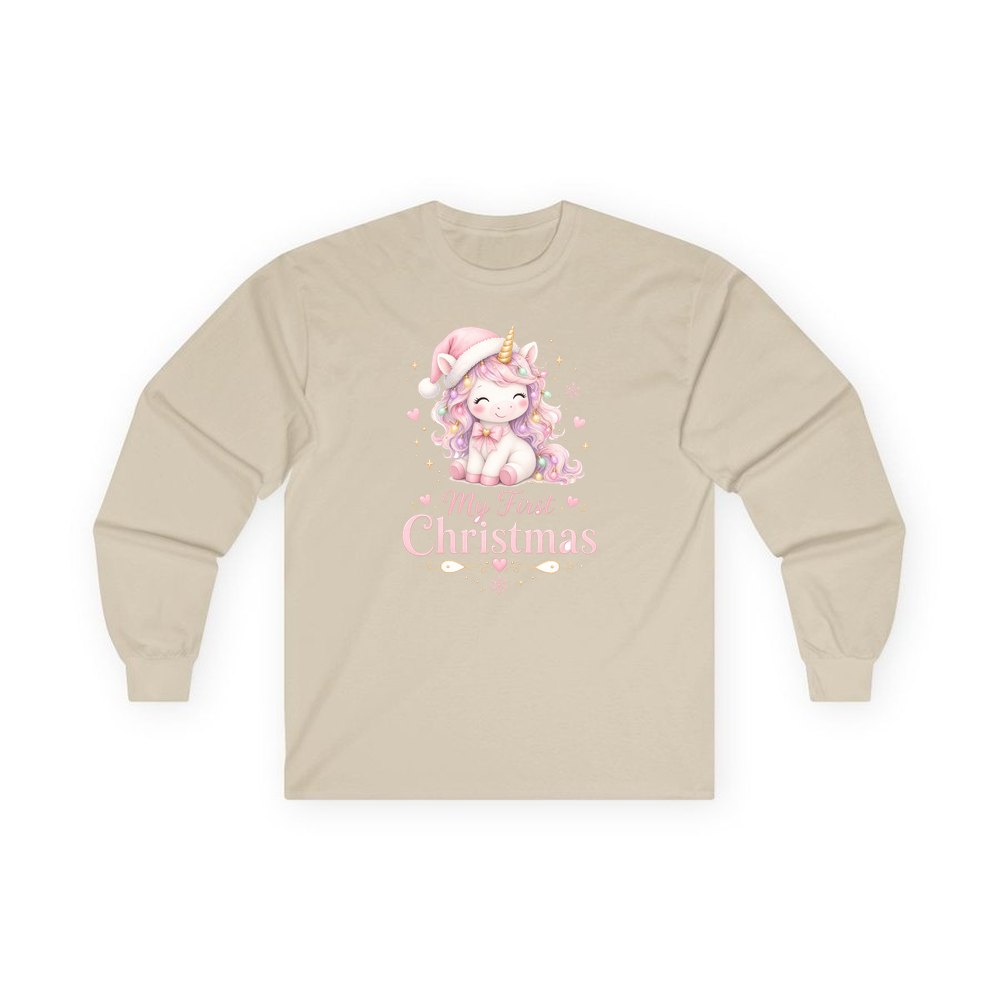 Pink Unicorn First Christmas personalised long sleeve Christmas T-shirt in sand