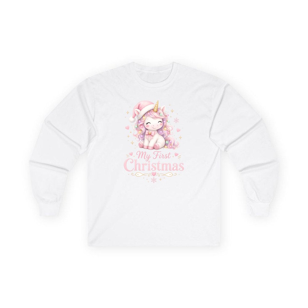 Pink Unicorn First Christmas personalised long sleeve Christmas T-shirt in white