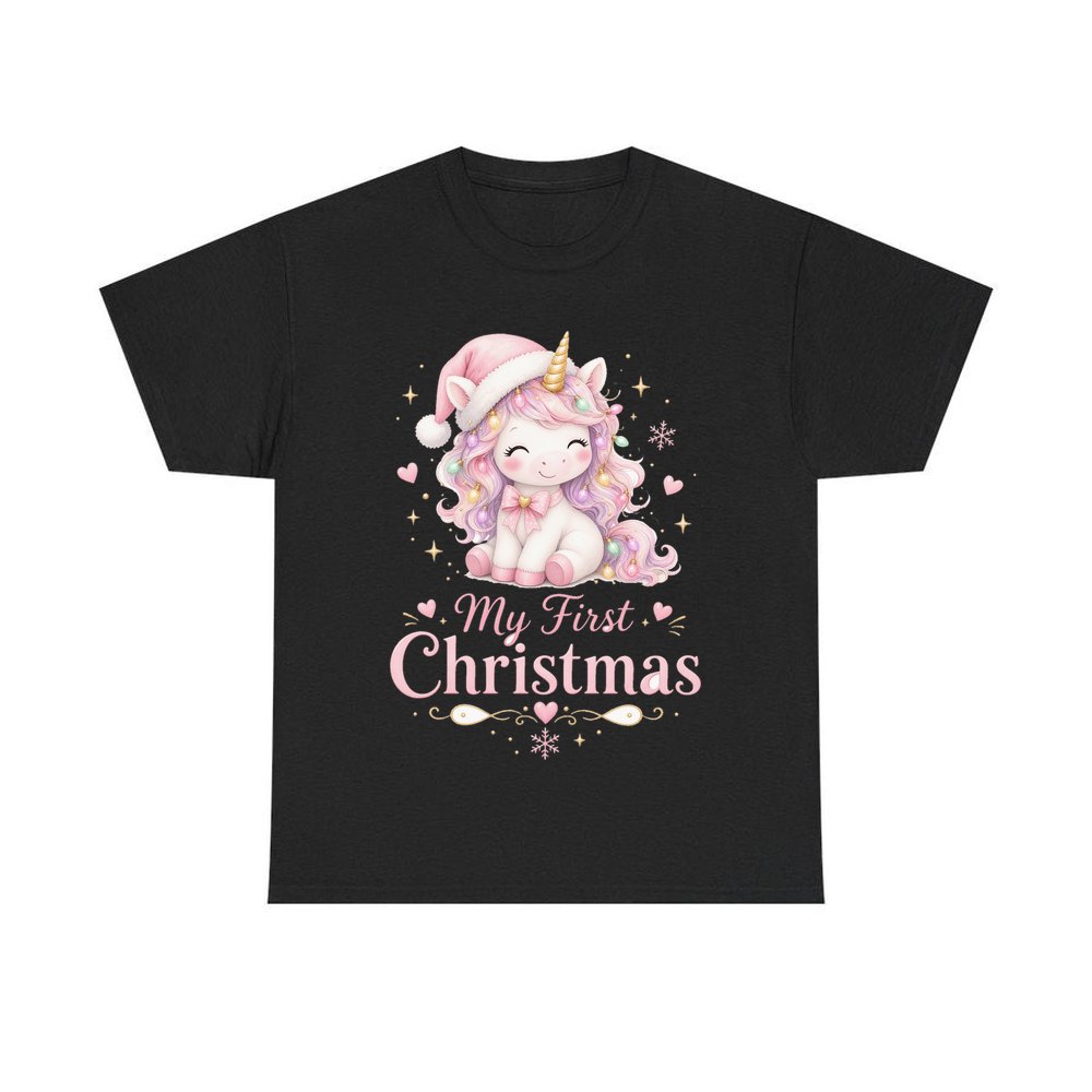 Pink Unicorn First Christmas personalised Christmas T-shirt in black