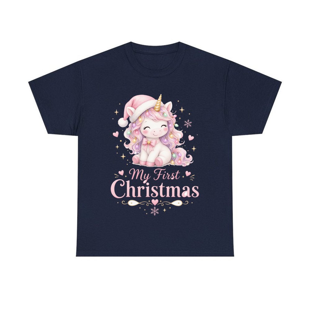 Pink Unicorn First Christmas personalised Christmas T-shirt in navy