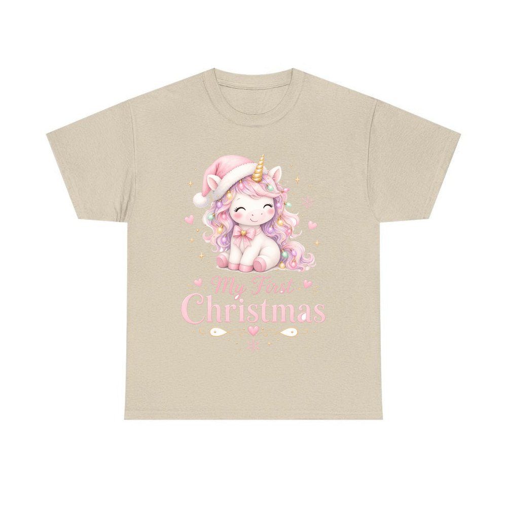 Pink Unicorn First Christmas personalised Christmas T-shirt in sand