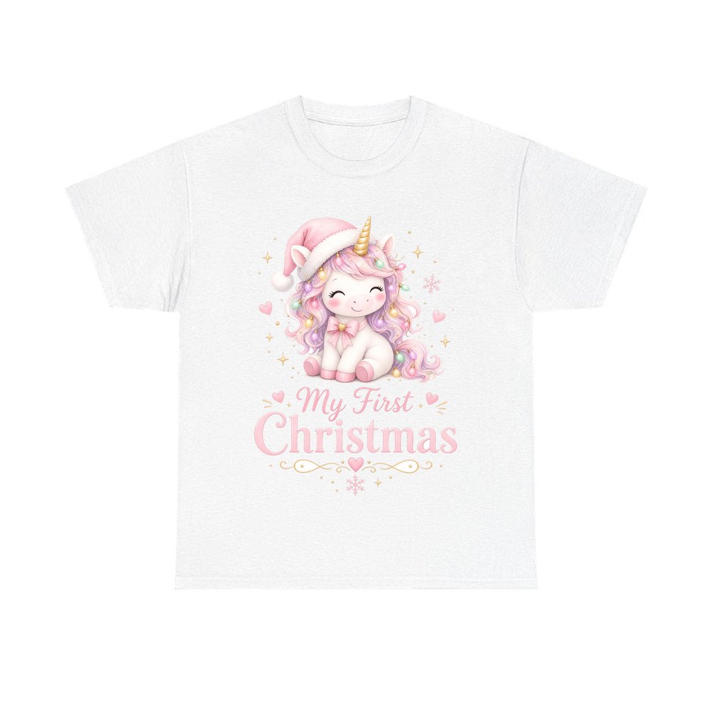 Pink Unicorn First Christmas personalised Christmas T-shirt in white