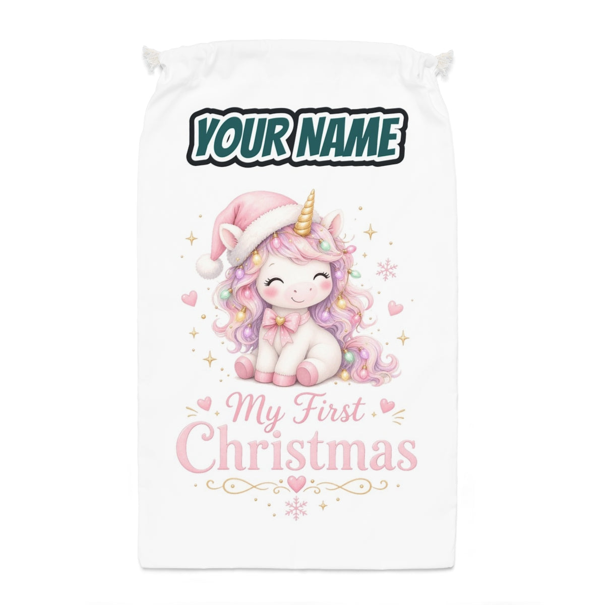 Pink Unicorn First Christmas Santa sack laid flat, showing the full print