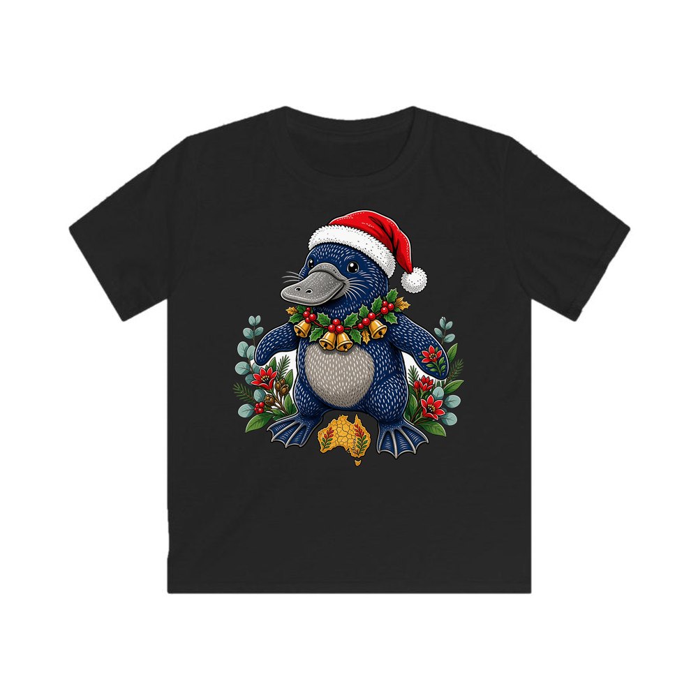 Platypus in a Santa Hat personalised kids Christmas tee in black