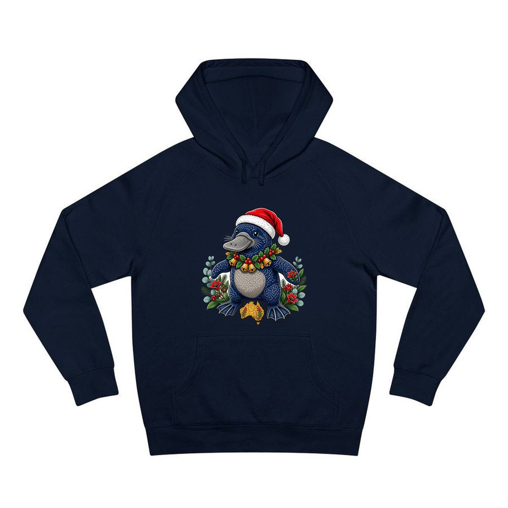 Platypus in a Santa Hat personalised Christmas hoodie in navy