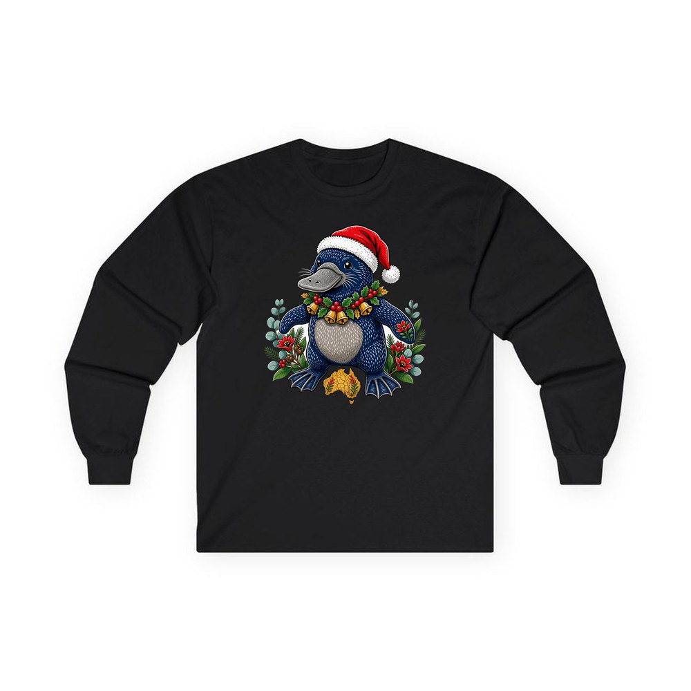 Platypus in a Santa Hat personalised long sleeve Christmas T-shirt in black
