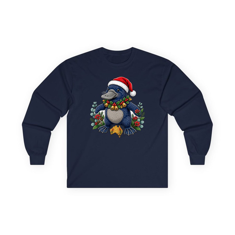 Platypus in a Santa Hat personalised long sleeve Christmas T-shirt in navy
