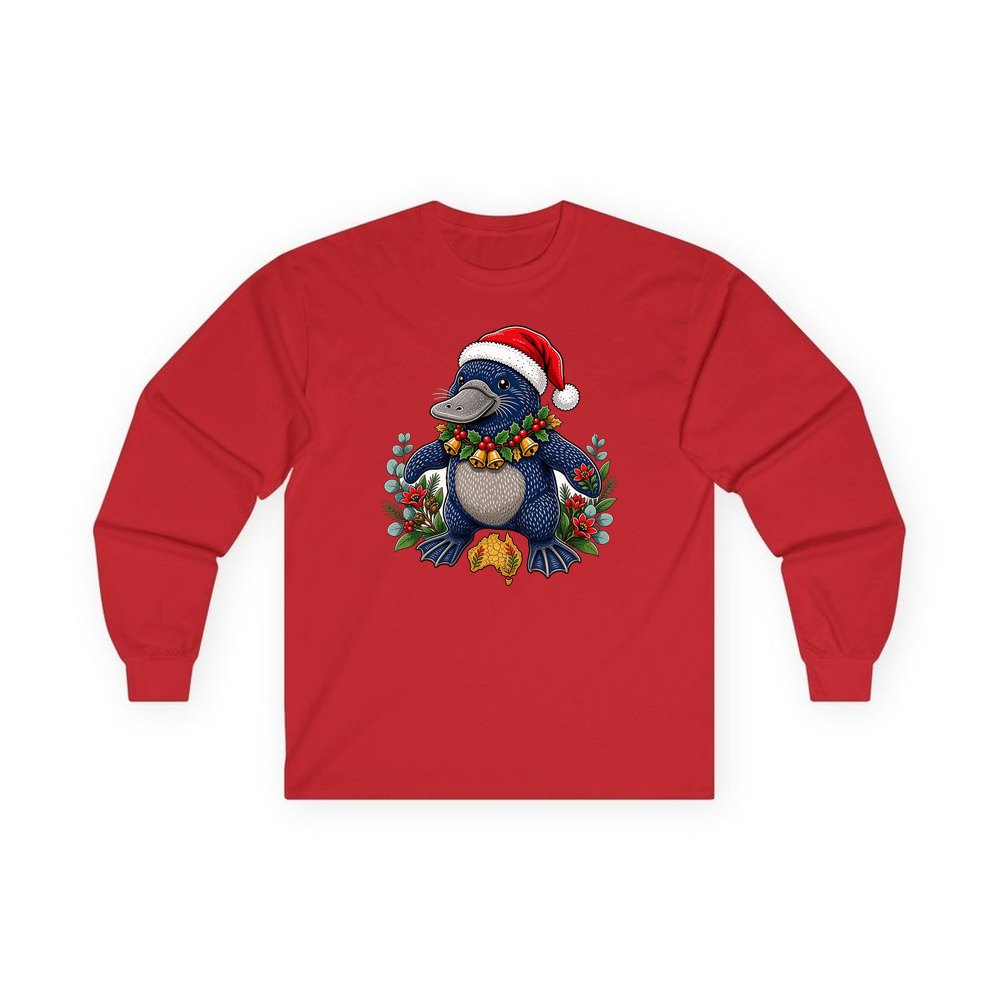 Platypus in a Santa Hat personalised long sleeve Christmas T-shirt in red