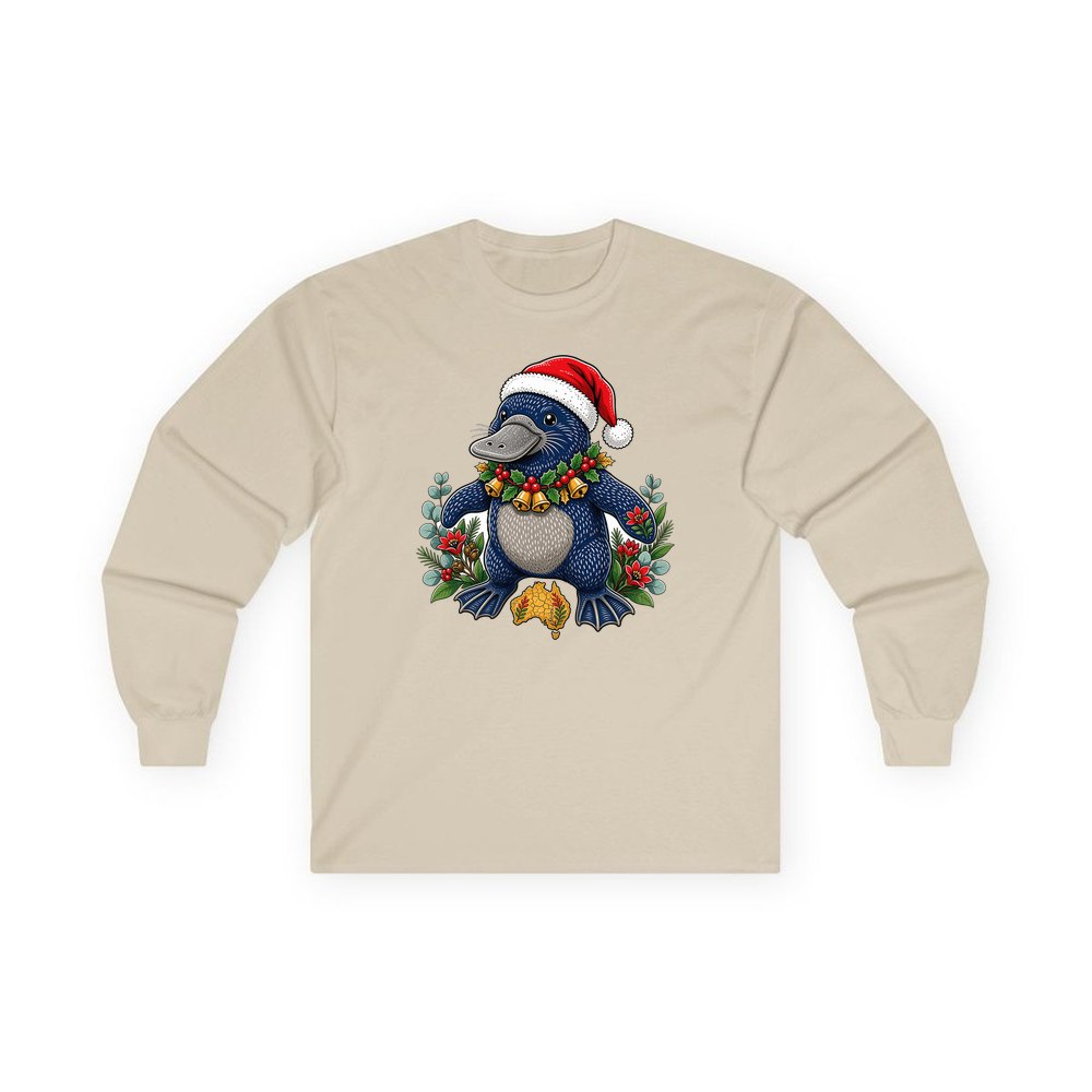 Platypus in a Santa Hat personalised long sleeve Christmas T-shirt in sand
