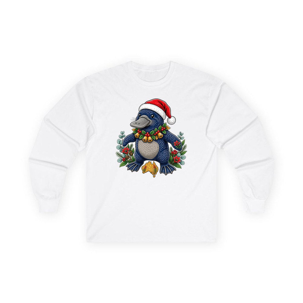 Platypus in a Santa Hat personalised long sleeve Christmas T-shirt in white