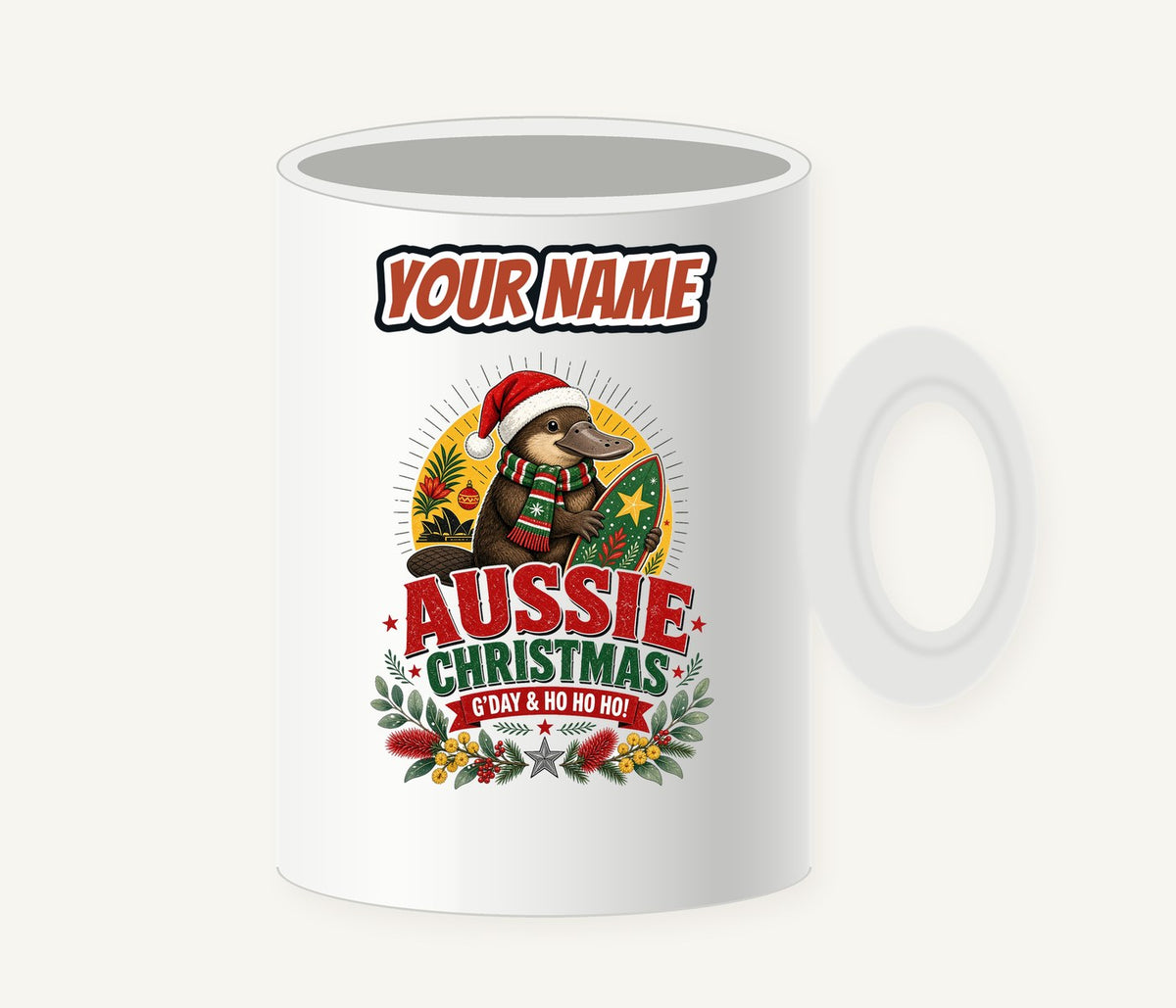 Platypus Surfboard Aussie Christmas Personalised Christmas Mug