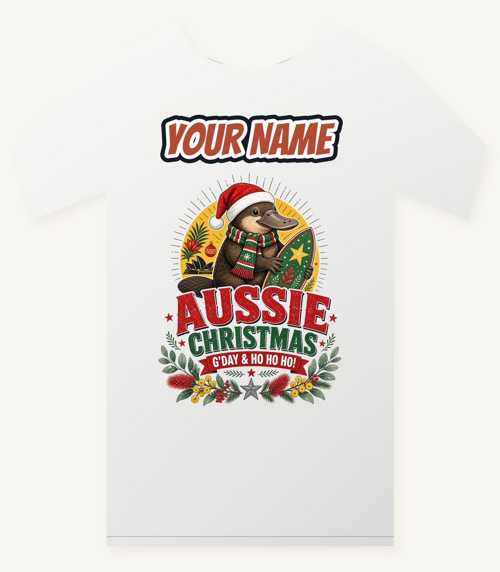 Platypus Surfboard Aussie Christmas Personalised Christmas T-Shirt and Hoodie