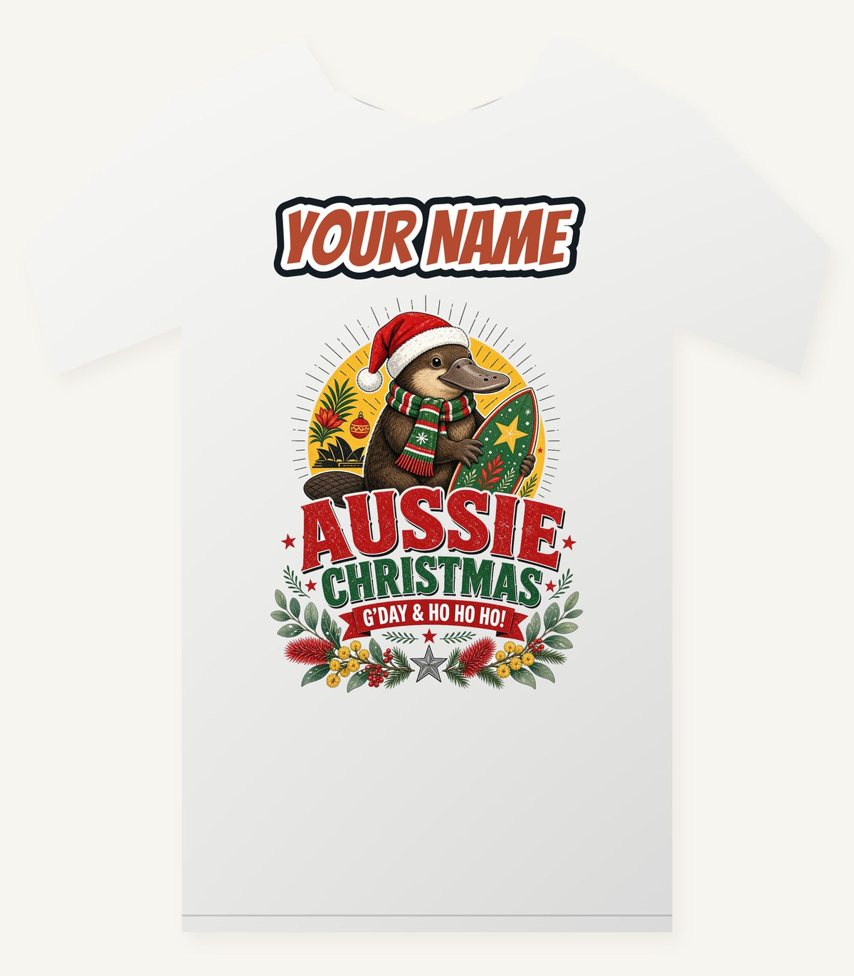 Platypus Surfboard Aussie Christmas Personalised Christmas T-Shirt and Hoodie