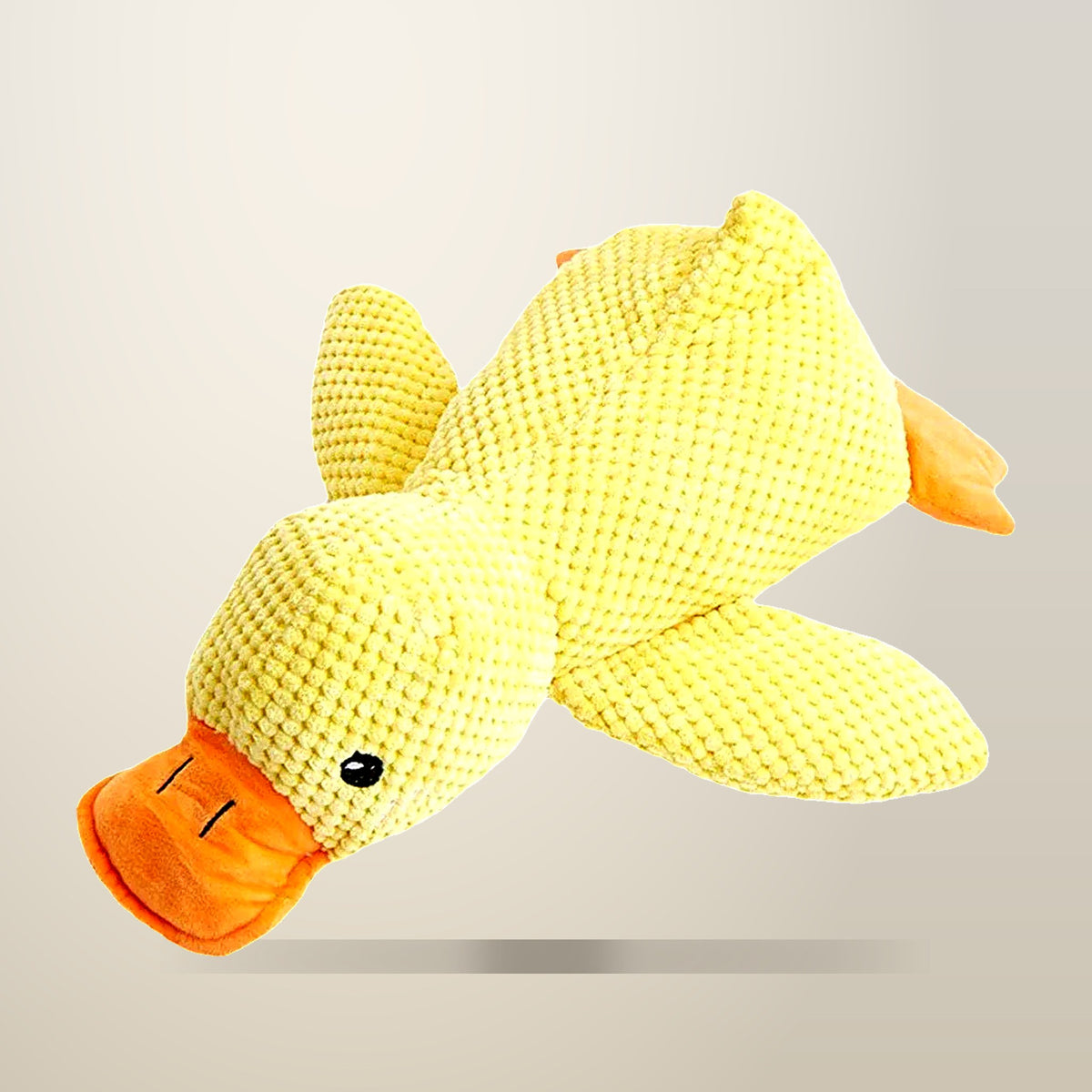 Aimall Plush Duck Squeaky Dog Toy, Yellow or Green, on a plain cream background