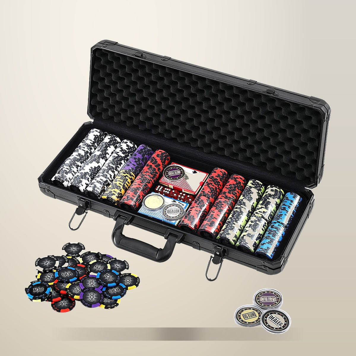500 Piece Poker Chip Set, 14 g Chips, Aluminium Case, on a plain cream background