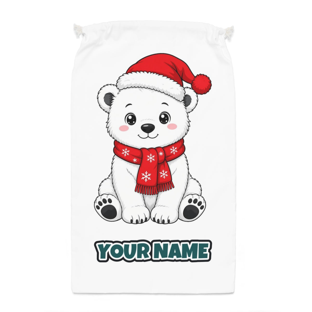 Polar Bear Cub Santa sack laid flat, showing the full print