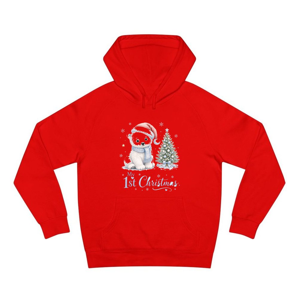 Polar Bear First Christmas personalised Christmas hoodie in red