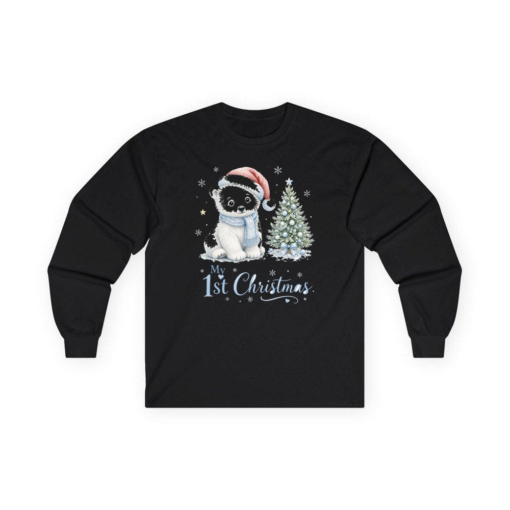 Polar Bear First Christmas personalised long sleeve Christmas T-shirt in black