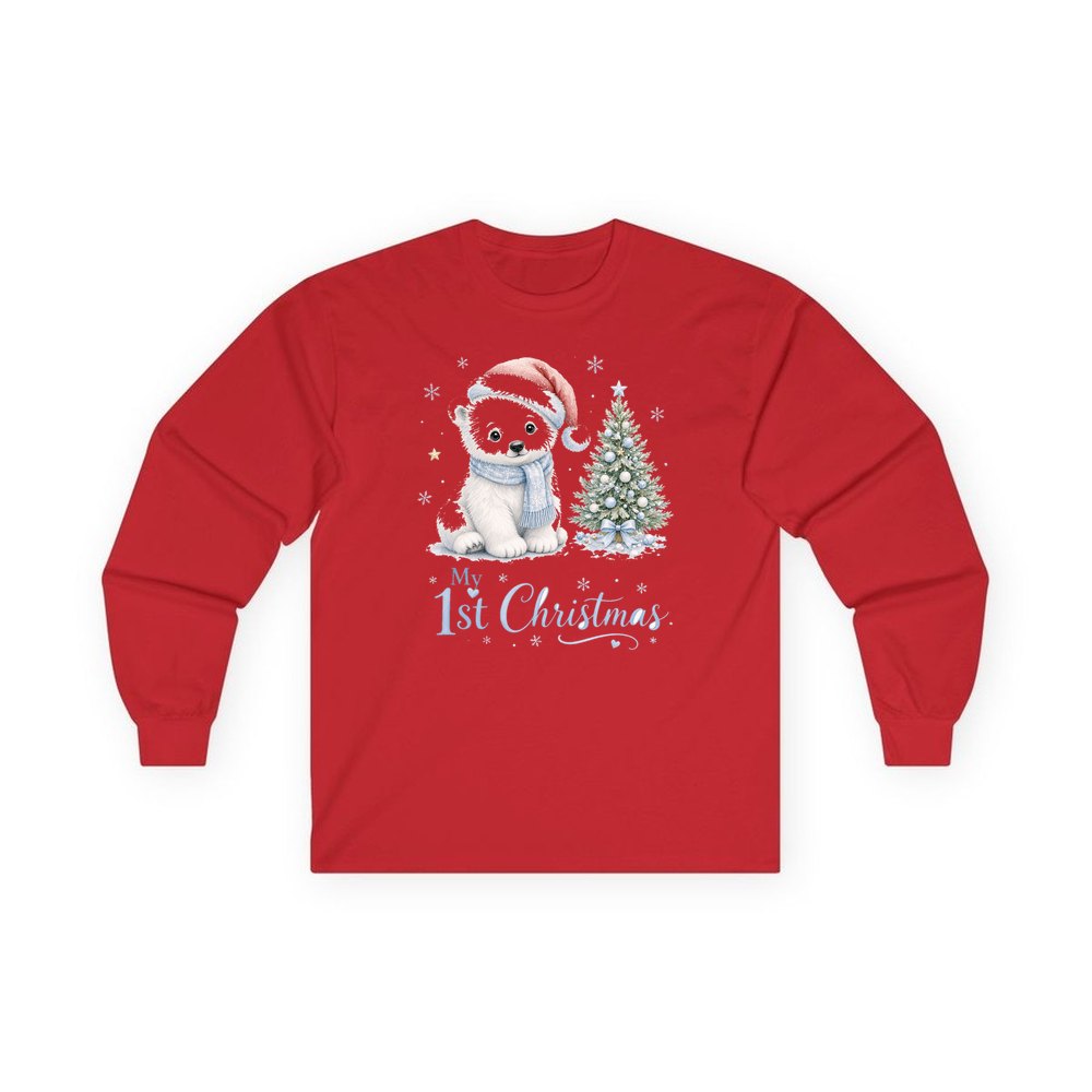 Polar Bear First Christmas personalised long sleeve Christmas T-shirt in red