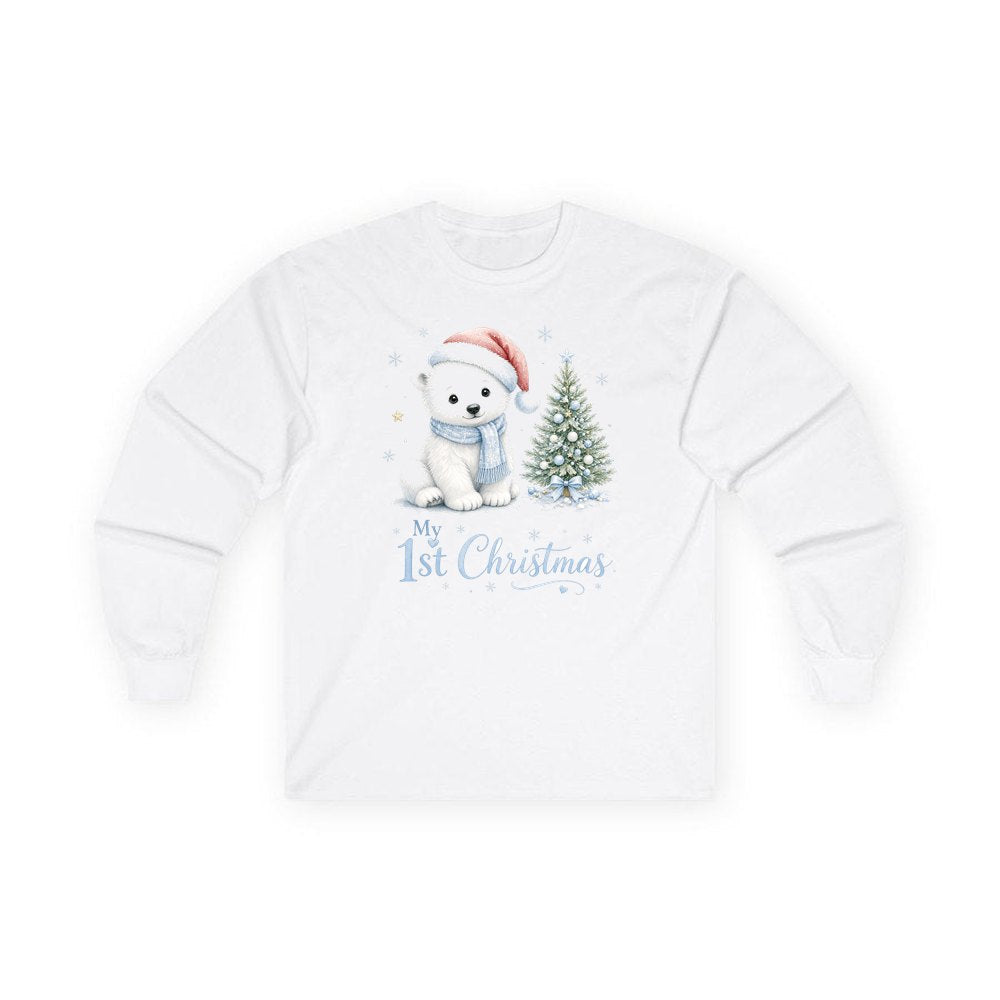 Polar Bear First Christmas personalised long sleeve Christmas T-shirt in white