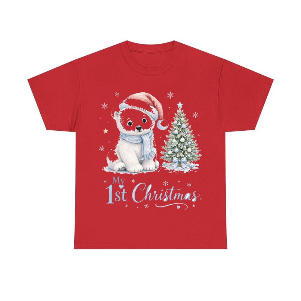 Polar Bear First Christmas personalised Christmas T-shirt in red