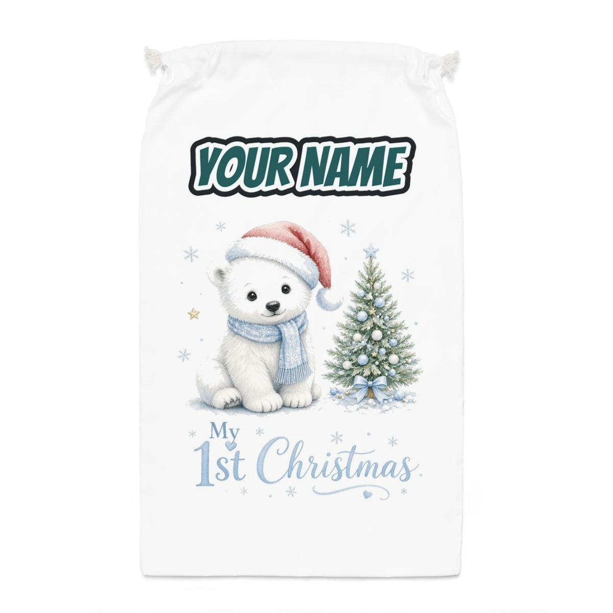 Polar Bear First Christmas Santa sack laid flat, showing the full print