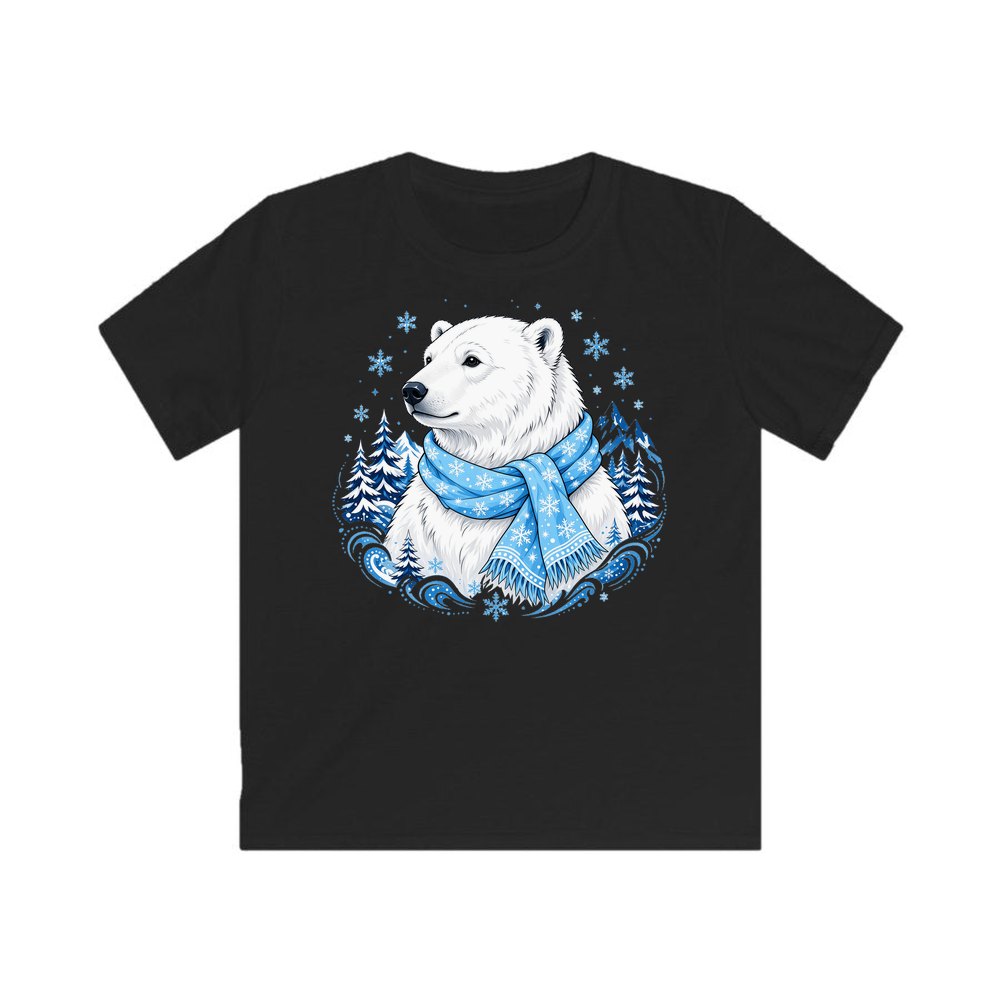 Polar Bear In Scarf personalised kids Christmas tee in black