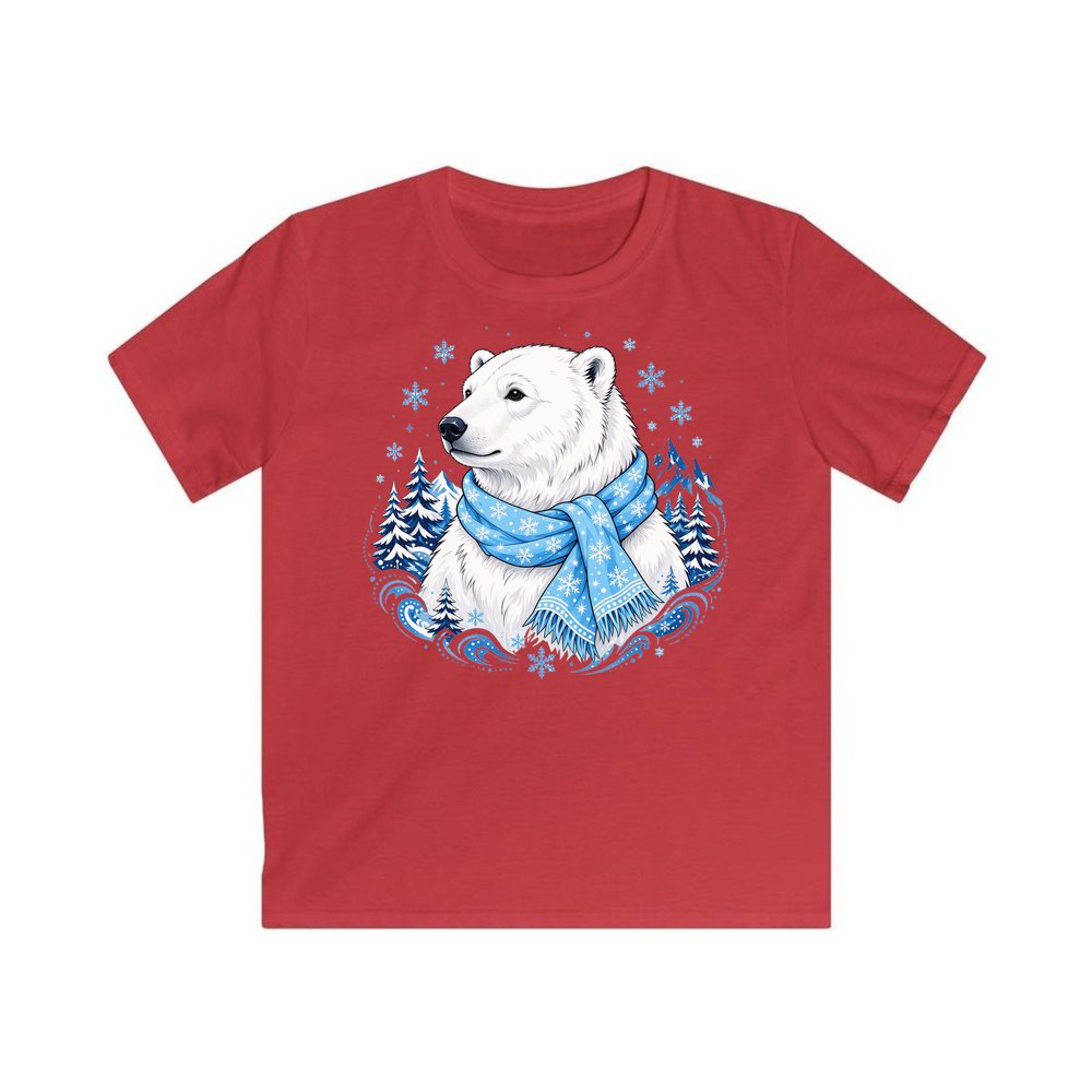Polar Bear In Scarf personalised kids Christmas tee in red