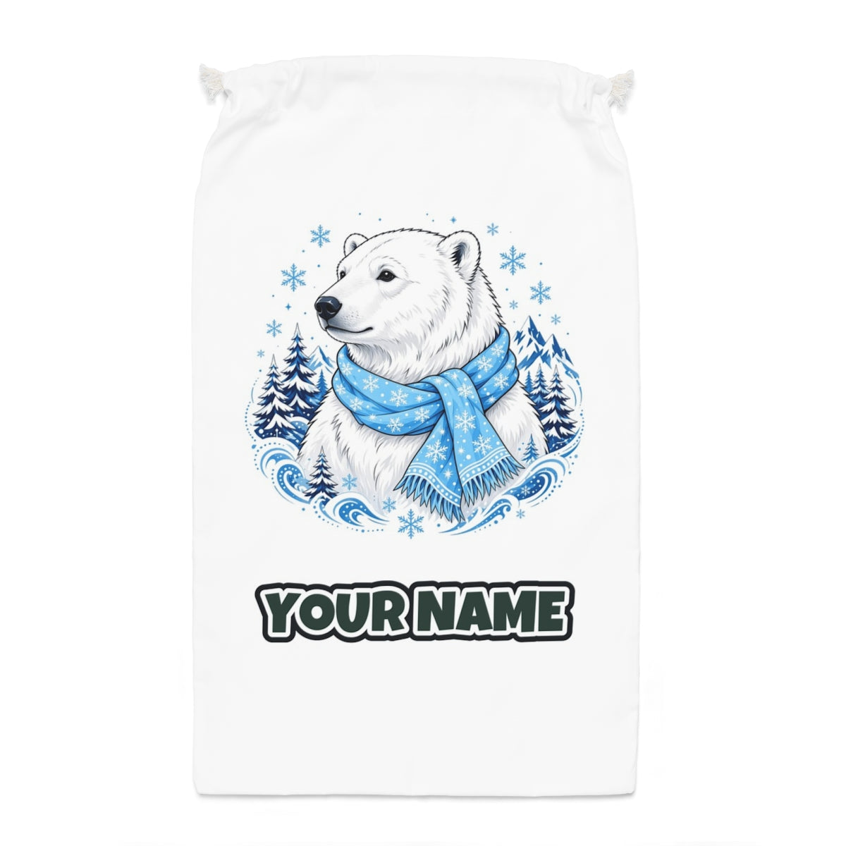 Polar Bear In Scarf Santa sack laid flat, showing the full print