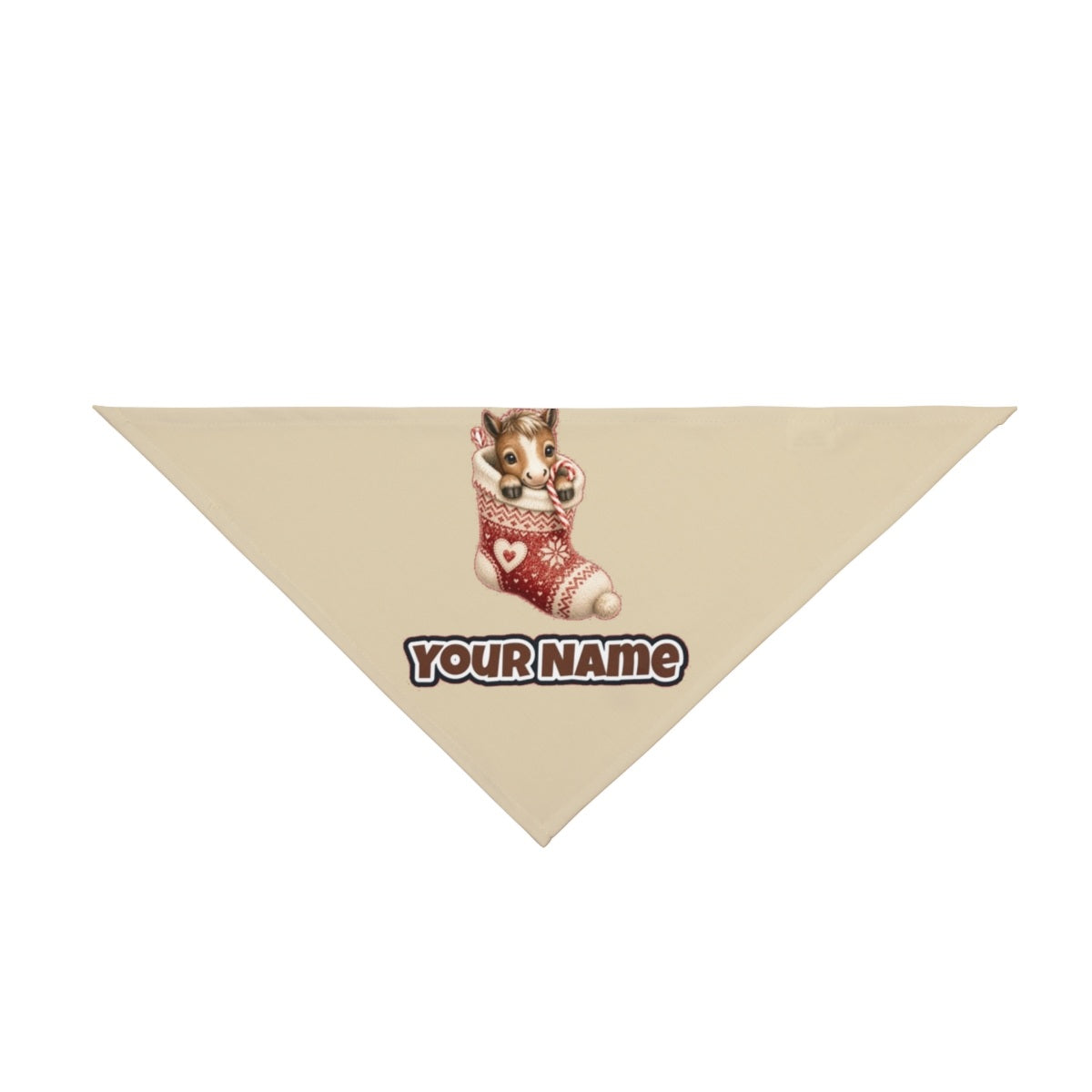 Pony In A Knitted Stocking personalised Christmas pet bandana in beige, tie-on style