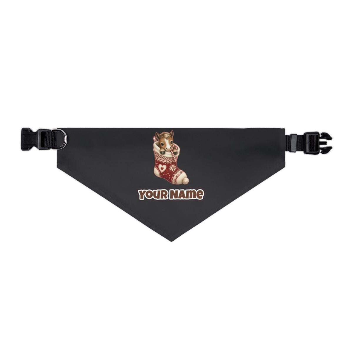 Pony In A Knitted Stocking personalised Christmas pet bandana in black, collar with buckle