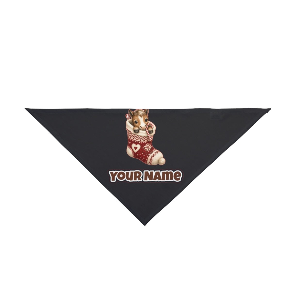 Pony In A Knitted Stocking personalised Christmas pet bandana in black, tie-on style