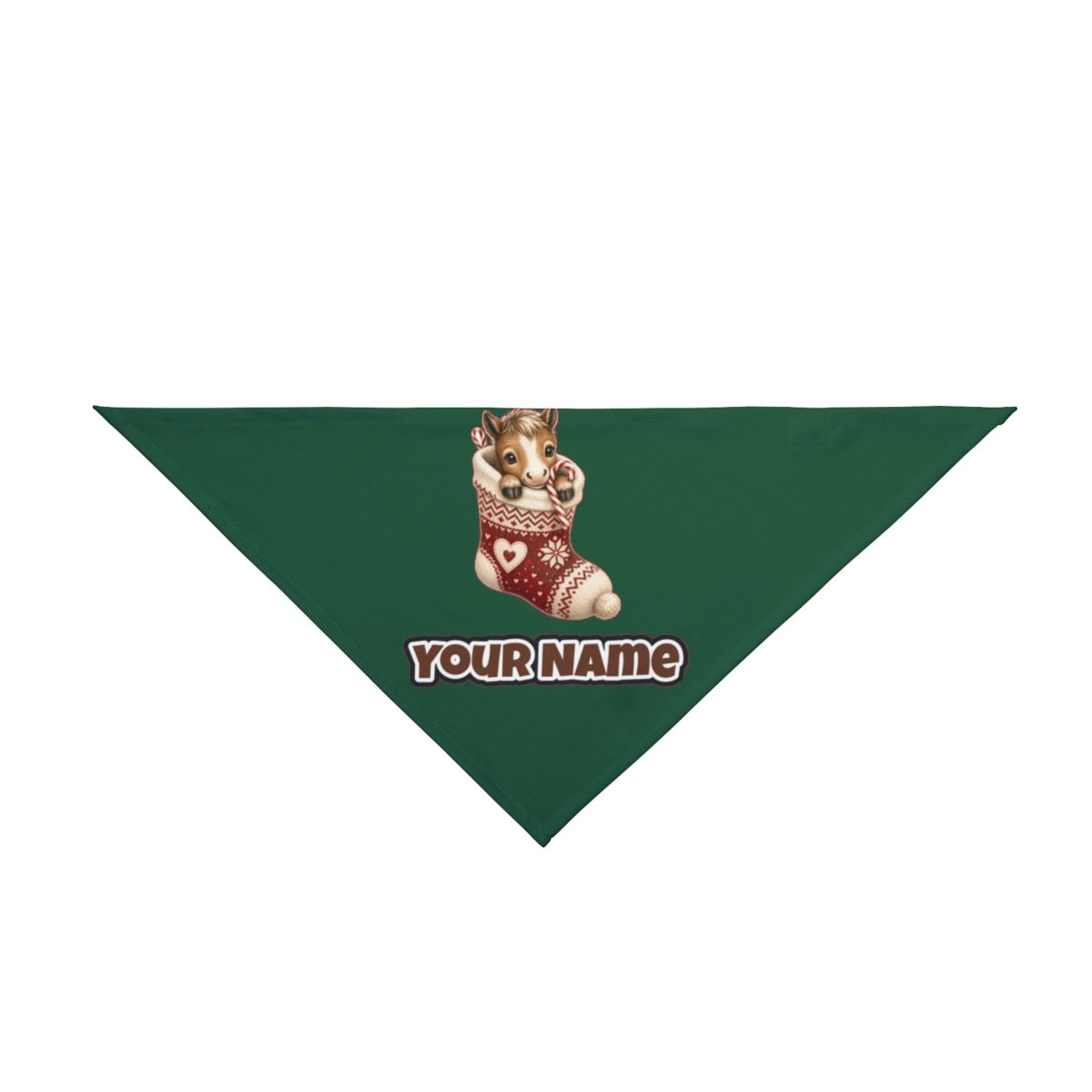 Pony In A Knitted Stocking personalised Christmas pet bandana in green, tie-on style