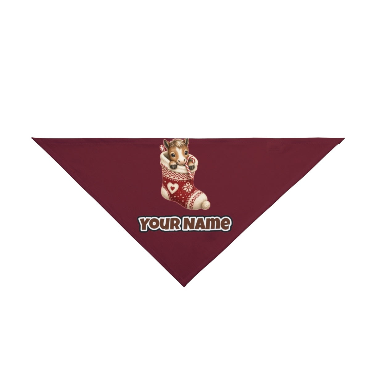 Pony In A Knitted Stocking personalised Christmas pet bandana in maroon, tie-on style
