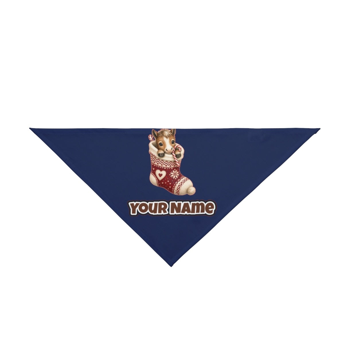 Pony In A Knitted Stocking personalised Christmas pet bandana in navy, tie-on style