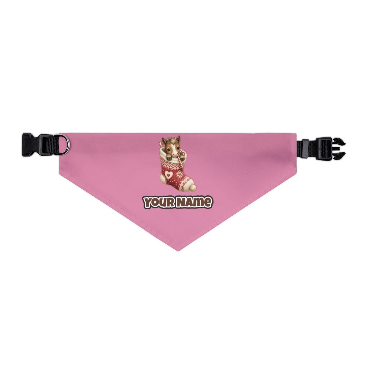 Pony In A Knitted Stocking personalised Christmas pet bandana in pink, collar with buckle
