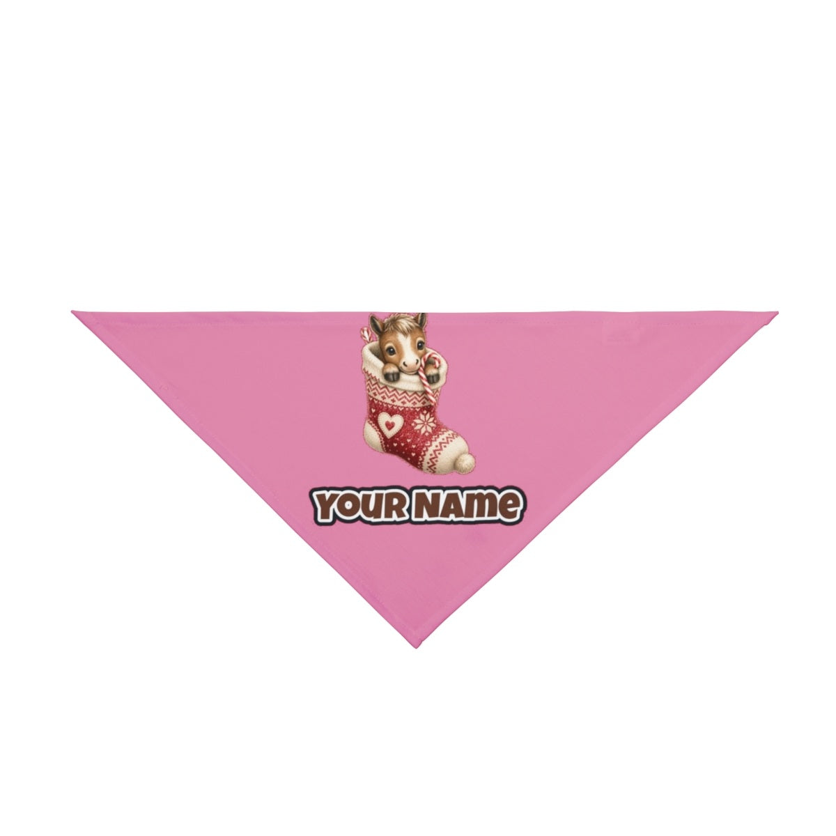 Pony In A Knitted Stocking personalised Christmas pet bandana in pink, tie-on style
