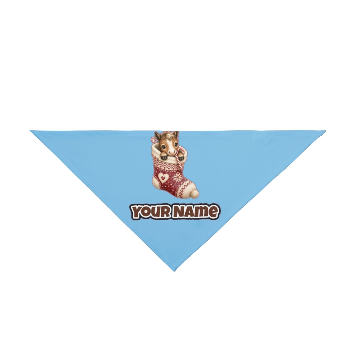 Pony In A Knitted Stocking personalised Christmas pet bandana in sky blue, tie-on style
