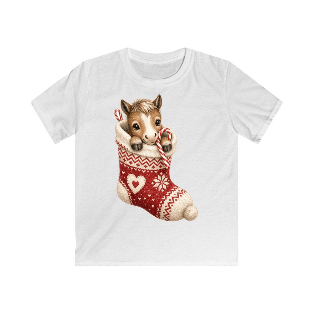 Pony In A Knitted Stocking personalised kids Christmas tee in white