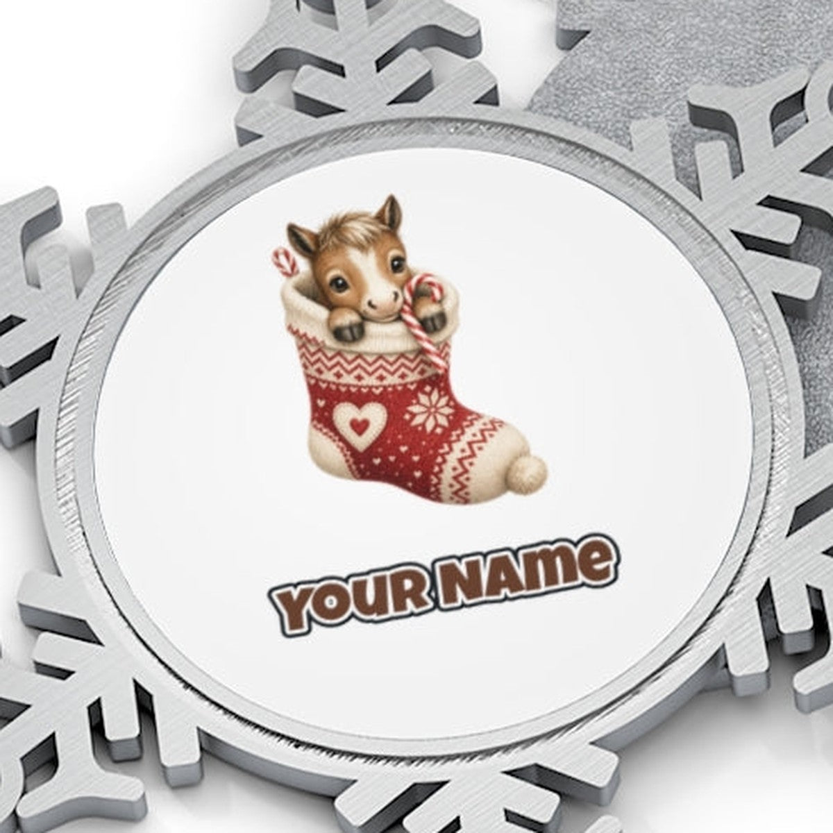 Pony In A Knitted Stocking Personalised Pewter Christmas Ornament