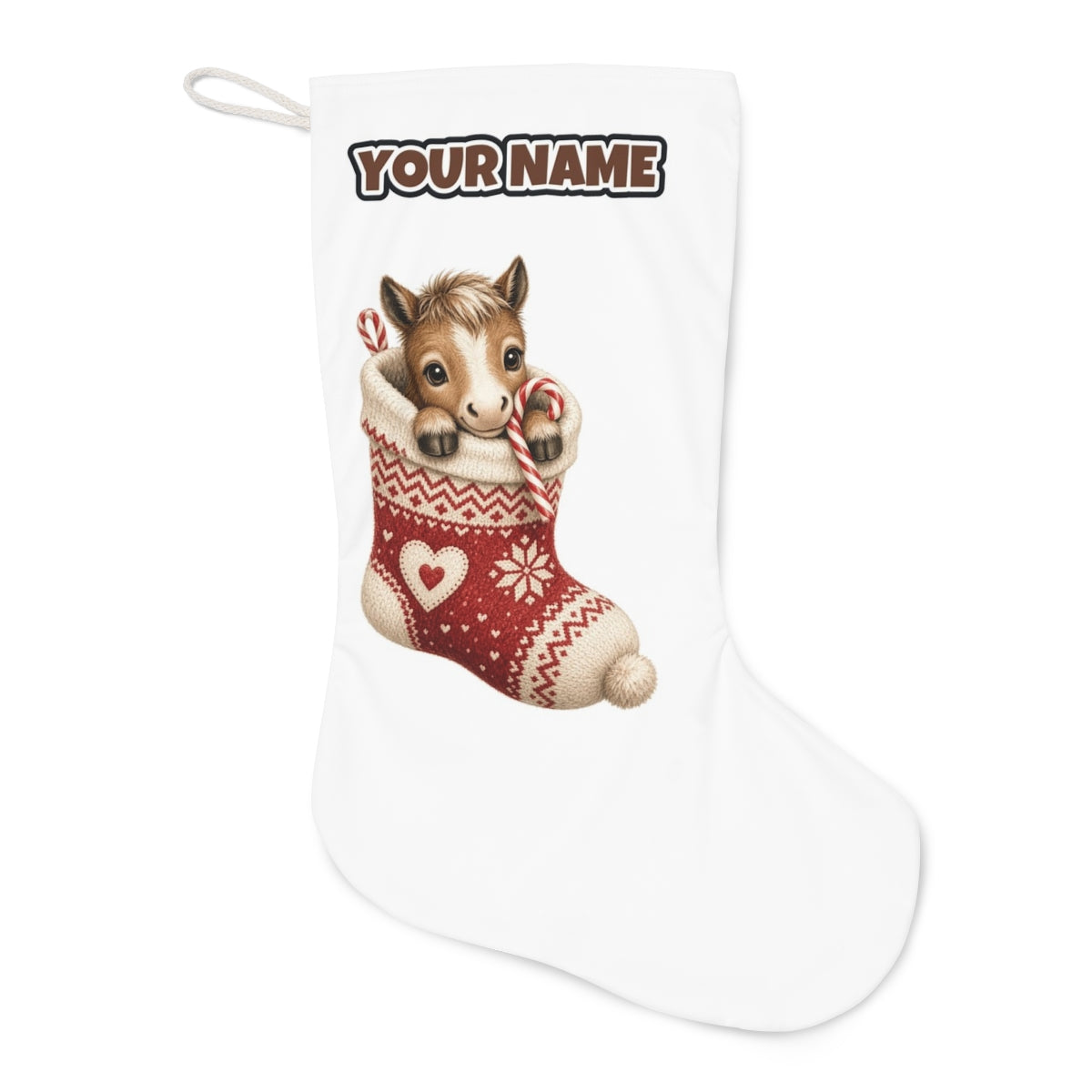 Pony In A Knitted Stocking Christmas stocking laid flat, showing the full print